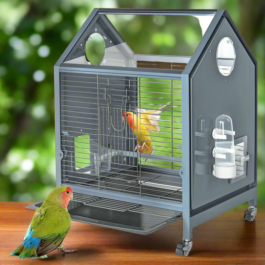 SUKEOPET Acrylic Bird Cage 25 inch Medium Parrot Cage for Parakeet Cockatiel Conure Lovebird Panoramic View Bird Cage with Water Bottle Bird Feeder Perch Rolling Stand