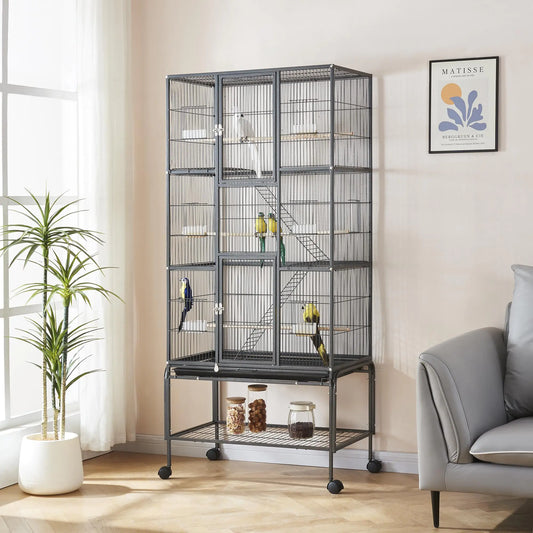 Panana 69inch Height Large Bird Cages Parrot Cage Wide Flight Metal Animal Cage for Budgie Parakeet Conure with Rolling Stand Wheels (Black)
