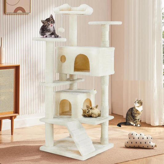 54 Inches Cat Tower Condo Furniture Cat Tree Tower for Indoor Cats Cozy Hammock and Sisal Scratching Posts Multi-Level Durable Cat Scratch Post for Kittens Pet House Play Detachable Beige