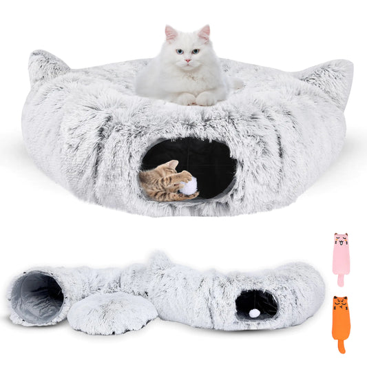 PurrPuff Cat Tunnel Bed with 2 Catnip Toys – Versatile Cat Tunnels for Indoor Cats Large Cat Donut Tunnel Cozy Cat Furniture Peekaboo Cat Cave Foldable Cat Tube Cat Play Tunnel for Small Pets